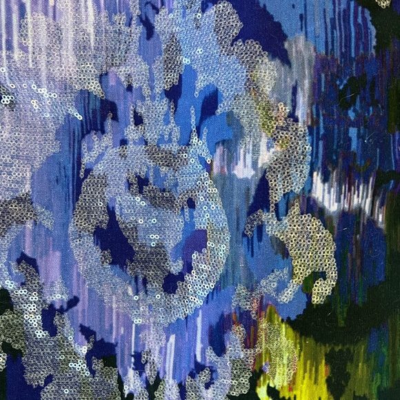 Elie Tahari Blue Purple Sheath Dress, Abstract Jewel Pattern Sequins Pockets, 6 - Picture 6 of 11